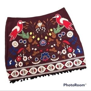 Altar’d State embroidered linen skirt size Medium folk art bird pom pom trim